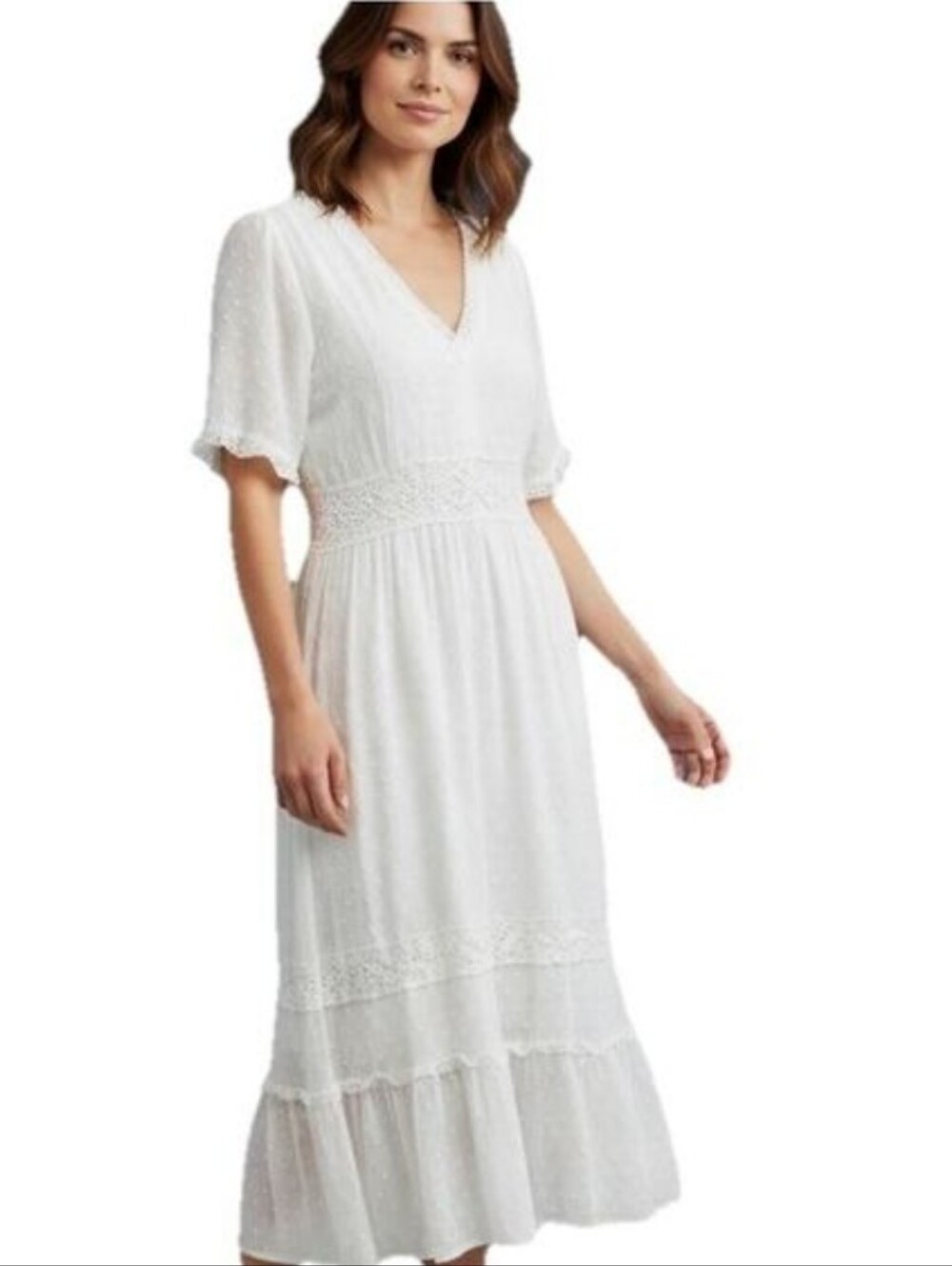 Knox Rose White Swiss Dot Eyelet Trim Rayon Maxi Dress Size Medium